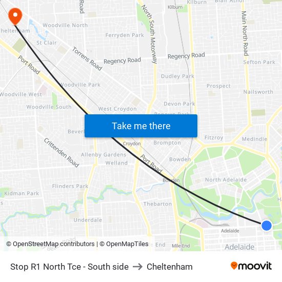 Stop R1 North Tce - South side to Cheltenham map