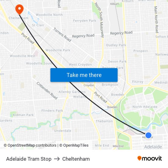 Adelaide Tram Stop to Cheltenham map