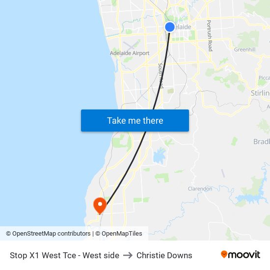 Stop X1 West Tce - West side to Christie Downs map