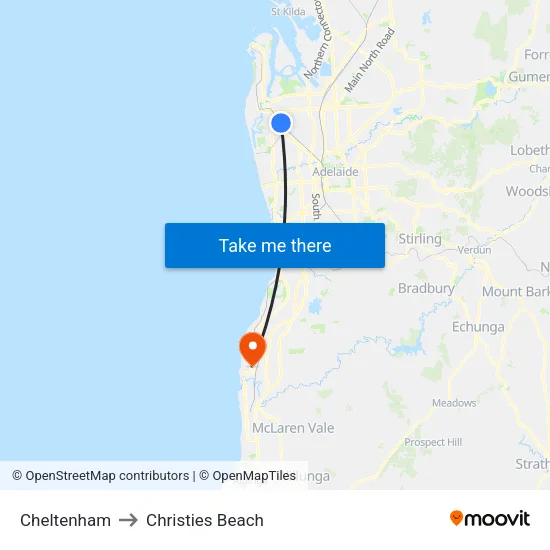 Cheltenham to Christies Beach map