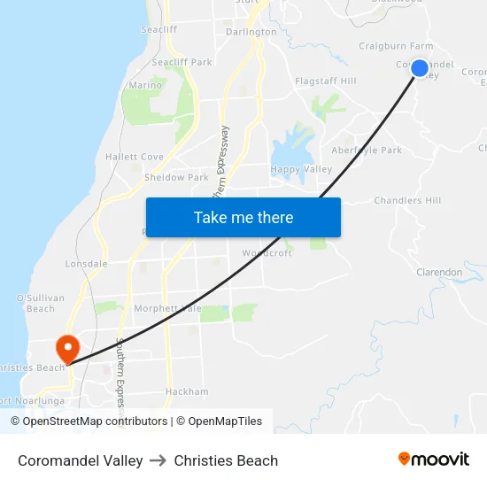 Coromandel Valley to Christies Beach map