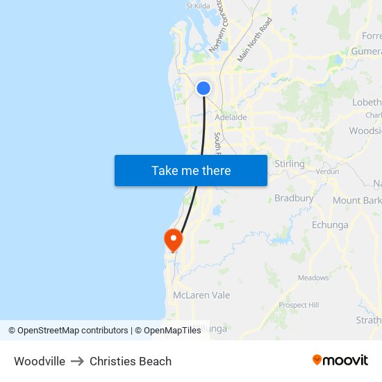 Woodville to Christies Beach map