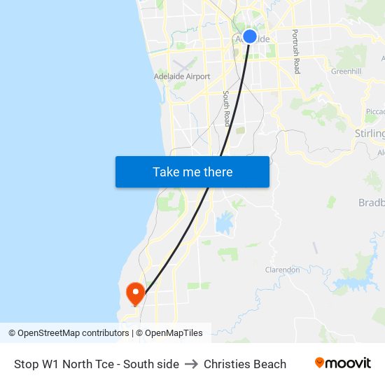 Stop W1 North Tce - South side to Christies Beach map