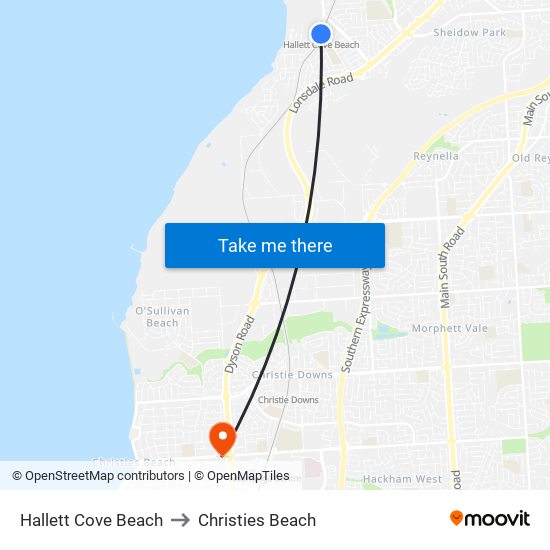 Hallett Cove Beach to Christies Beach map