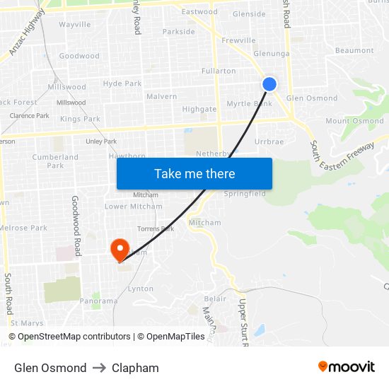 Glen Osmond to Clapham map