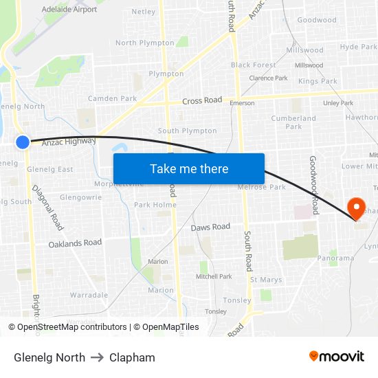 Glenelg North to Clapham map