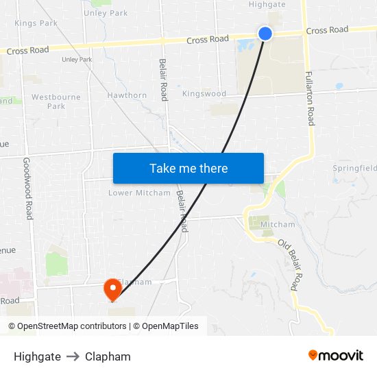 Highgate to Clapham map