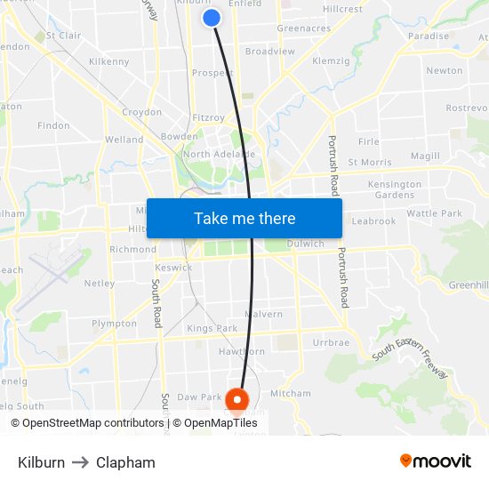 Kilburn to Clapham map