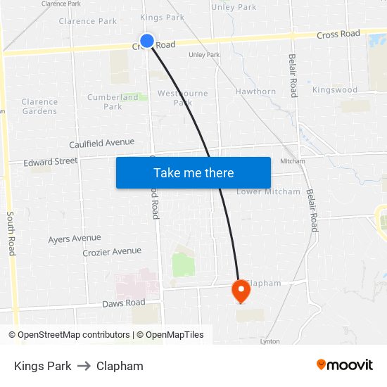 Kings Park to Clapham map