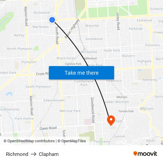 Richmond to Clapham map