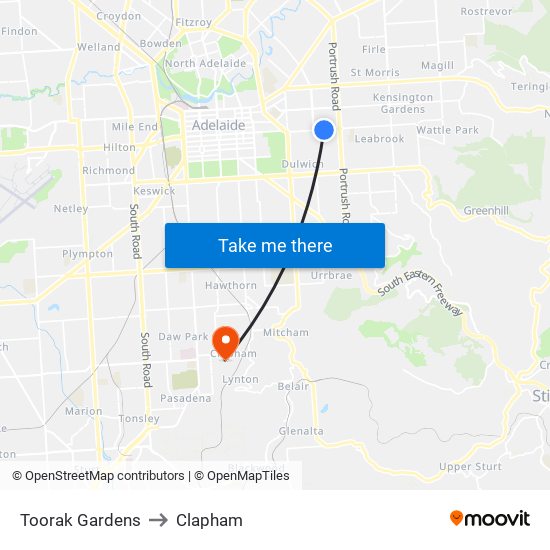 Toorak Gardens to Clapham map