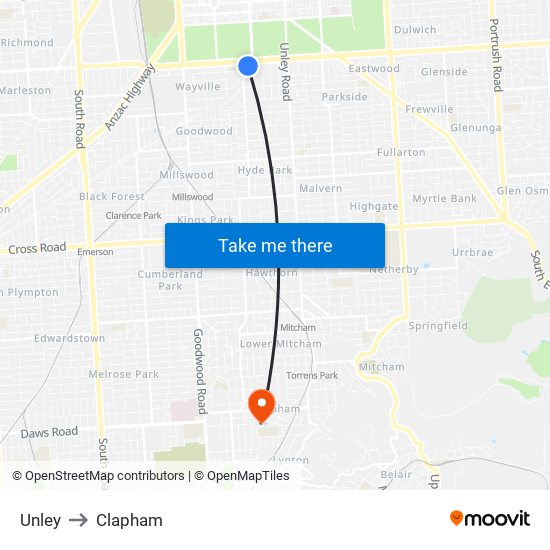 Unley to Clapham map