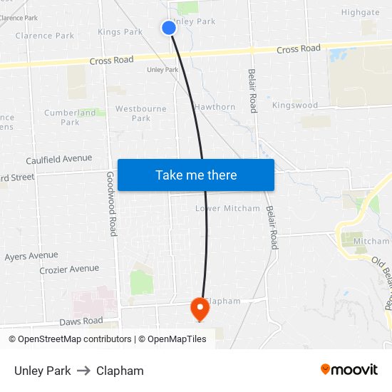 Unley Park to Clapham map