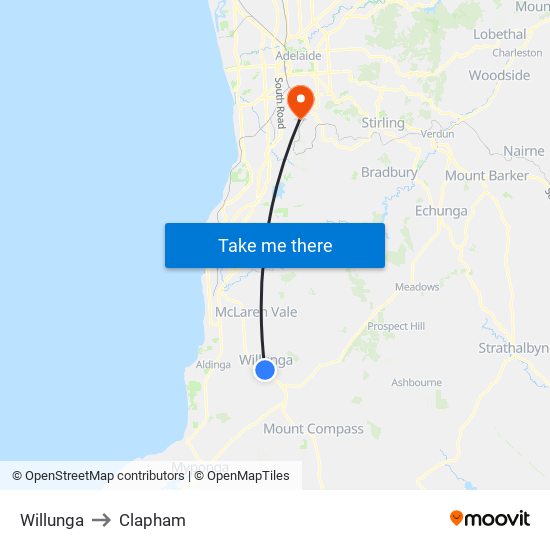 Willunga to Clapham map