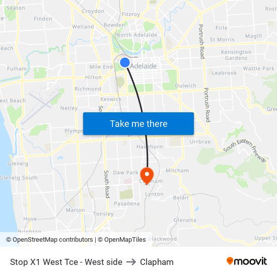 Stop X1 West Tce - West side to Clapham map