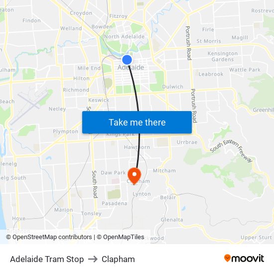 Adelaide Tram Stop to Clapham map