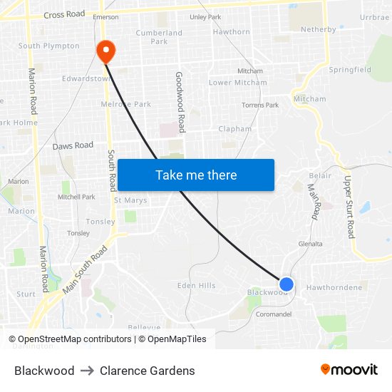 Blackwood to Clarence Gardens map