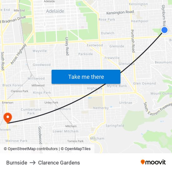 Burnside to Clarence Gardens map