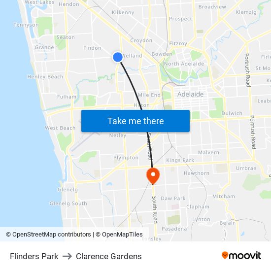 Flinders Park to Clarence Gardens map