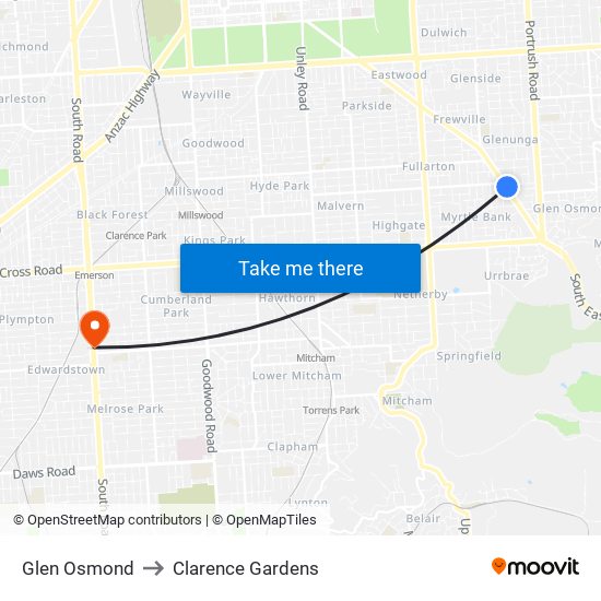 Glen Osmond to Clarence Gardens map