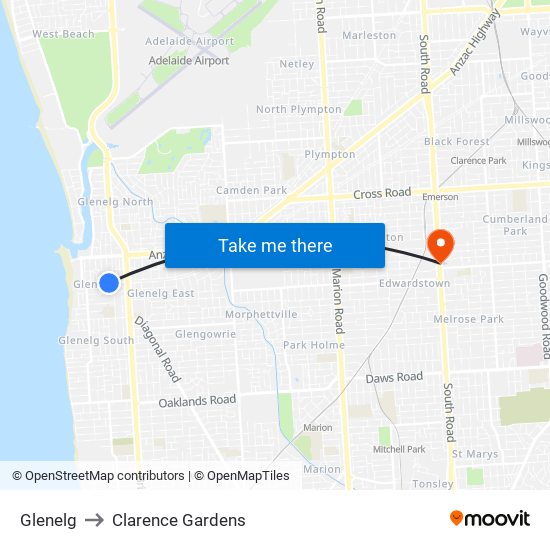 Glenelg to Clarence Gardens map