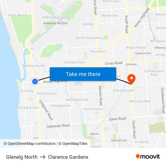 Glenelg North to Clarence Gardens map