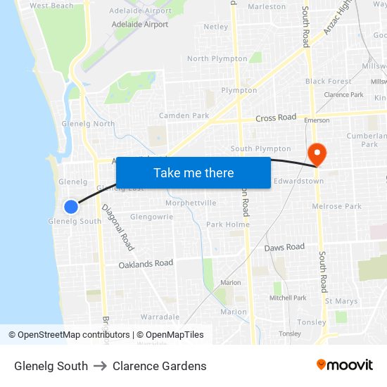 Glenelg South to Clarence Gardens map