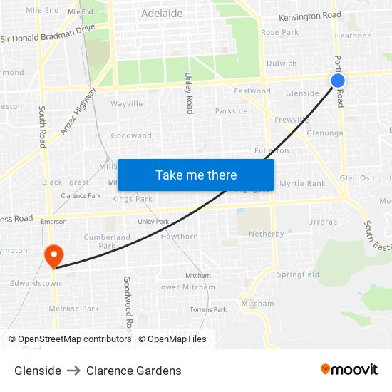 Glenside to Clarence Gardens map