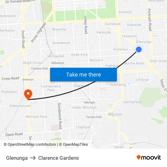 Glenunga to Clarence Gardens map