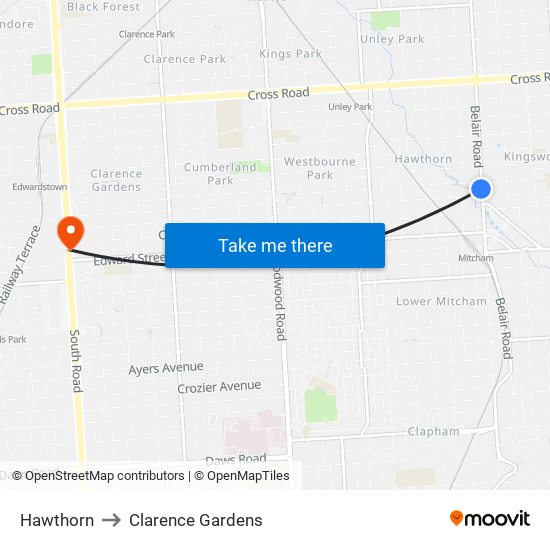 Hawthorn to Clarence Gardens map