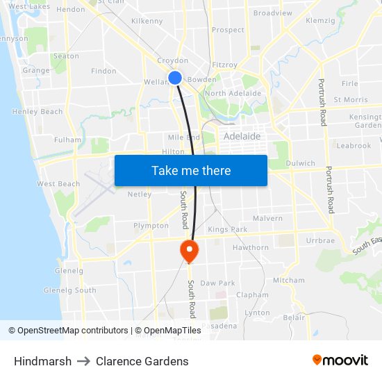 Hindmarsh to Clarence Gardens map