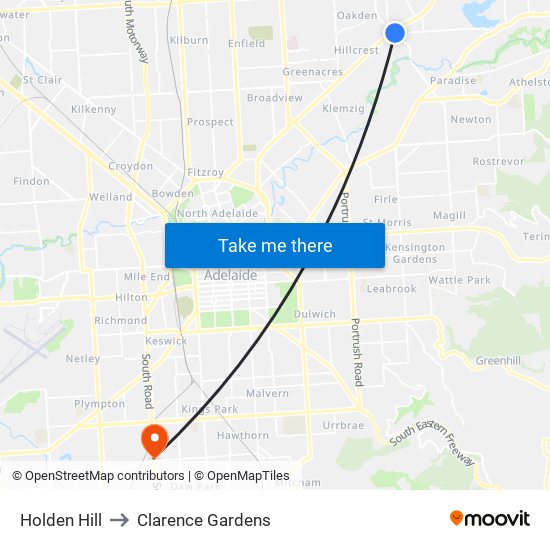 Holden Hill to Clarence Gardens map