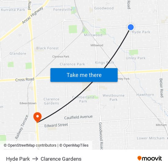 Hyde Park to Clarence Gardens map