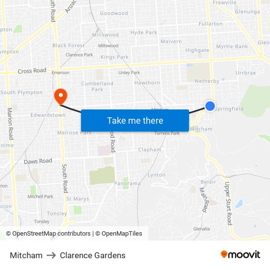 Mitcham to Clarence Gardens map