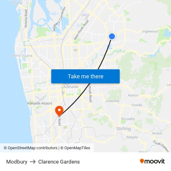 Modbury to Clarence Gardens map