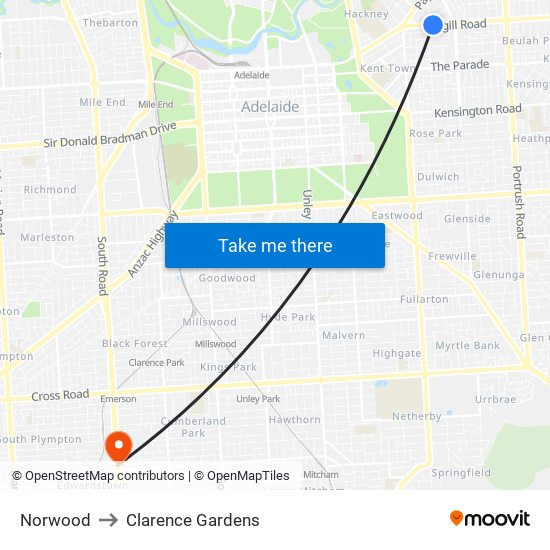 Norwood to Clarence Gardens map