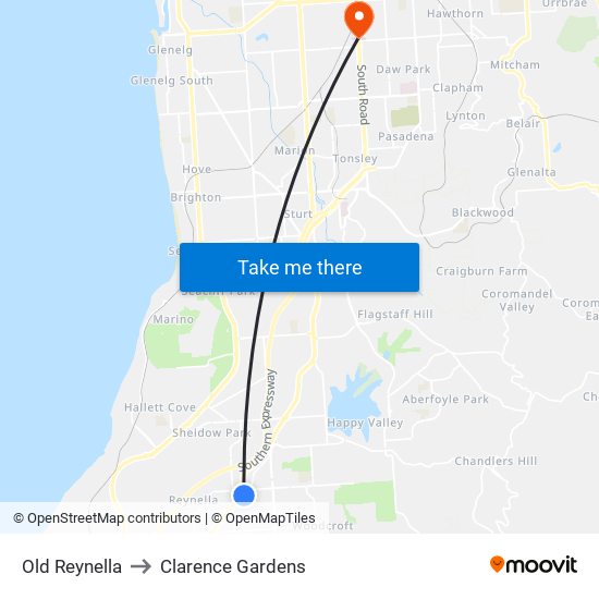 Old Reynella to Clarence Gardens map