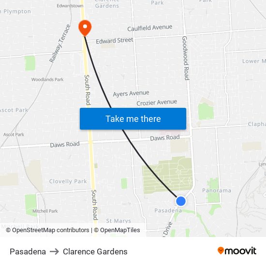 Pasadena to Clarence Gardens map