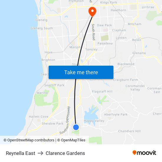 Reynella East to Clarence Gardens map