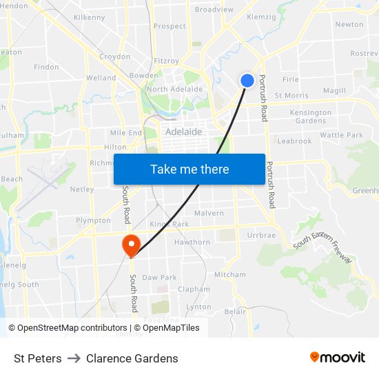 St Peters to Clarence Gardens map