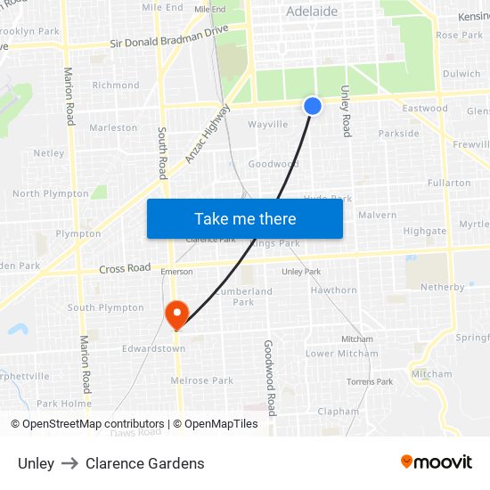 Unley to Clarence Gardens map