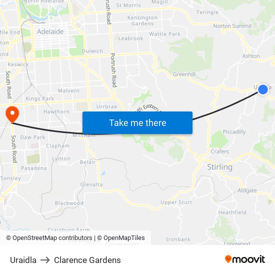 Uraidla to Clarence Gardens map