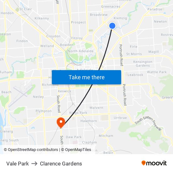 Vale Park to Clarence Gardens map