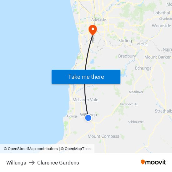 Willunga to Clarence Gardens map