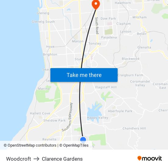 Woodcroft to Clarence Gardens map