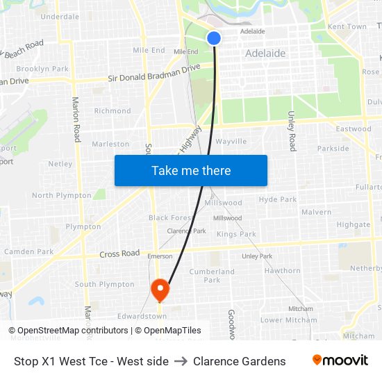 Stop X1 West Tce - West side to Clarence Gardens map