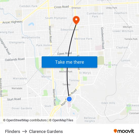 Flinders to Clarence Gardens map