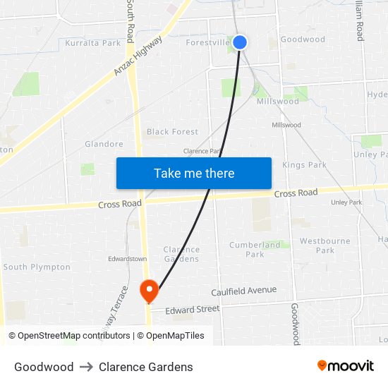 Goodwood to Clarence Gardens map