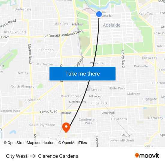 City West to Clarence Gardens map