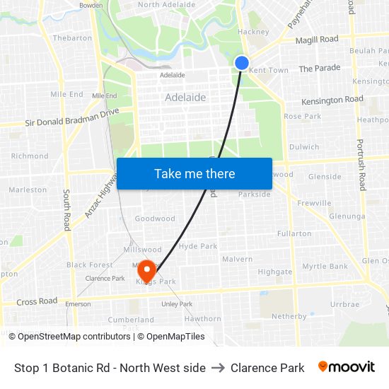 Stop 1 Botanic Rd - North West side to Clarence Park map